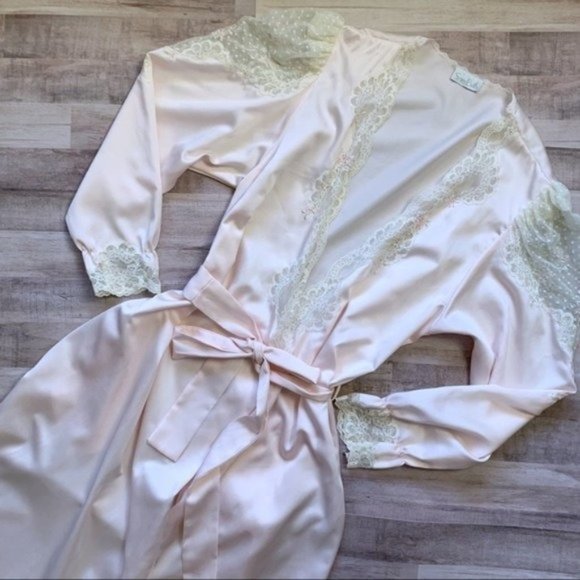 Vintage Other - Vintage 80s Robe Pink Satin & Lace Long Puff Sleeve Ankle Length Dressing Gown
